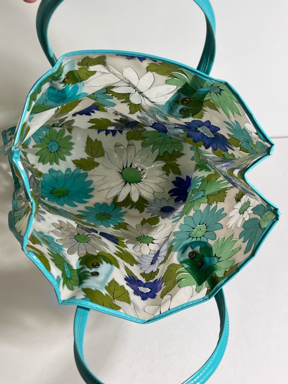 Groovy Vintage Clear Vinyl Retro Blue Green Floral Daisy Tote Bag 60s 70s - Picture 14 of 16